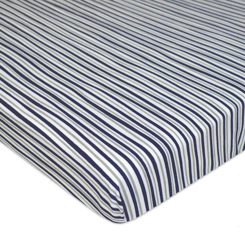 TL Care Fitted Mini Crib Sheet 24" x 38", Soft Breathable Neutral 100% Cotton Jersey Portable Sheet, Navy/Grey Funny Stripes, for Boys and Girls, Fits Most Pack N Play and Mini Crib Mattresses - Image 1